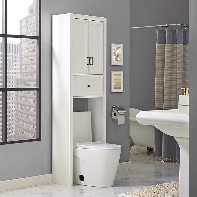 Crosley Furniture Tara Over The Toilet Storage Cabinet and Bathroom Organizer with a Drawer and Shelves, Vintage White