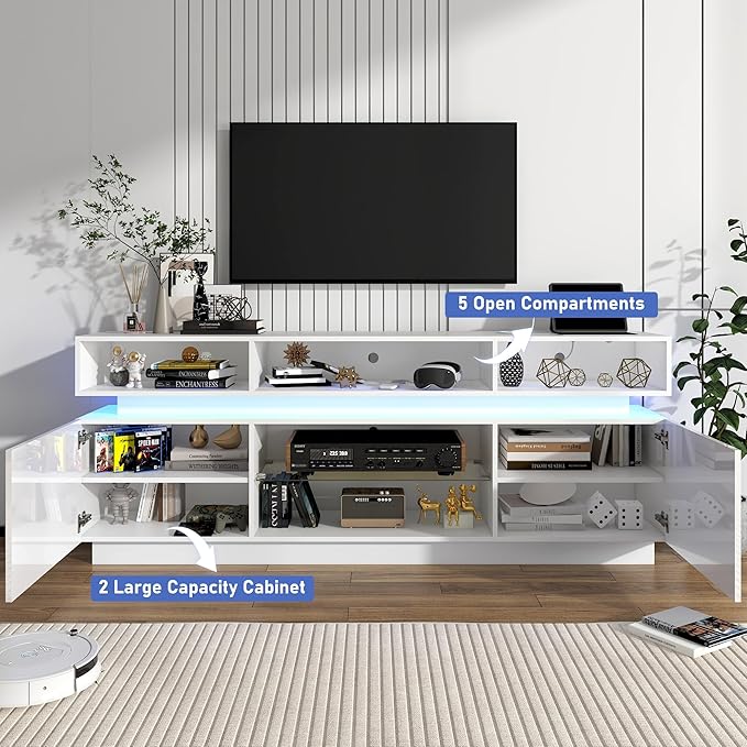 chartustriable LED TV Stand for 80 Inch TV, Modern Tall Entertainment Center with Power Outlets, High Gloss TV Stand, Gaming TV Media Console with Glass Shelf for Living Room, 71 Inch, White