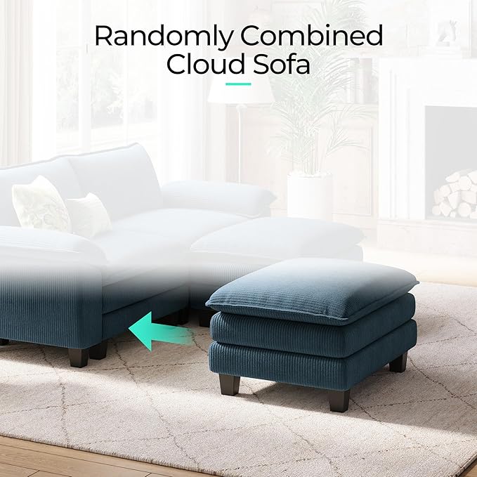 LINSY HOME 90" Modular Cloud Love Seat Sofa, Corduroy Soft Sectional Couch, Modern Comfy Love Seat with 2 Movable Ottoman, Perfect for Living Room, Apartment, Office, Blue