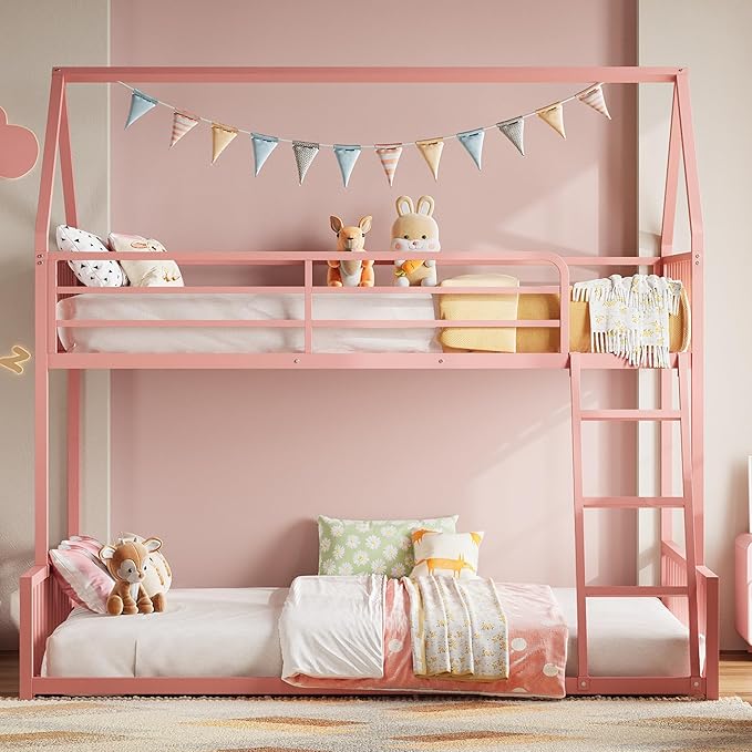 LIKIMIO Bunk Bed Twin Over Full Size, House Bunk Bed Frame with Ladder and Guardrail, House Shaped with Metal Slats Support No Box Spring Needed Space Saving for Bedroom and Dorm, Pink