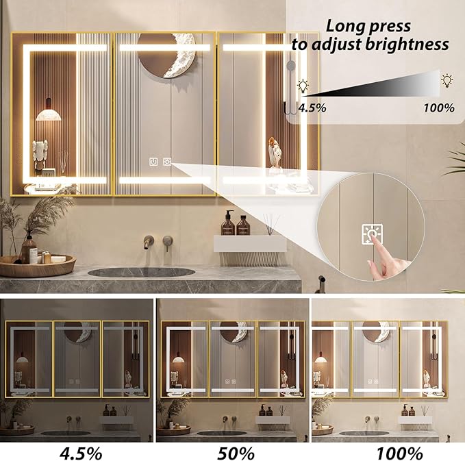APRILSOUL 48x32 Inch Lighted Bathroom Medicine Cabinet with Mirror, Gold Recessed or Surface Mount Medicine Cabinet Mirror with Storage and LED Lights, 3 Colors Temperature, Dimmable Light