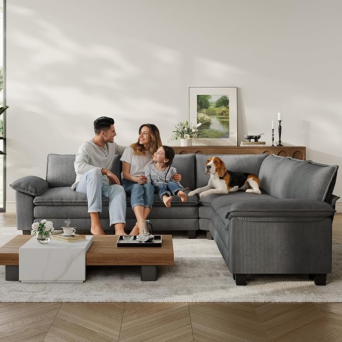 LINSY HOME Modular Sectional Sofa, 5-Seat Corduroy Modern Cloud Couch with Deep Seat, Perfect for Living Room, Office, Bedroom, Grey