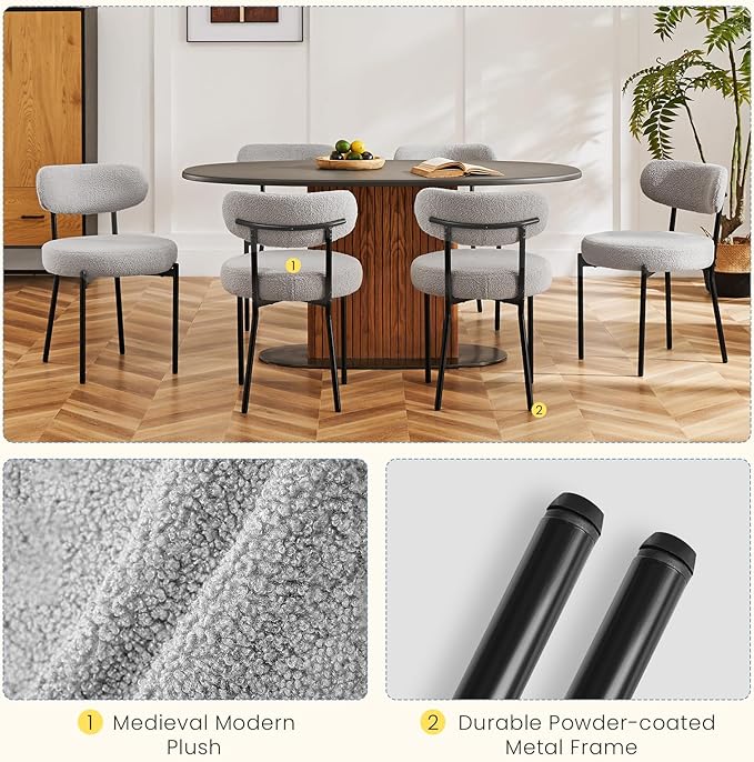 DUMOS Dining Chairs Set of 2, Mid Century Modern Chair Round Upholstered Curved Backrest, Kitchen Vanity Living Room Chairs with Black Metal Legs，Light Grey