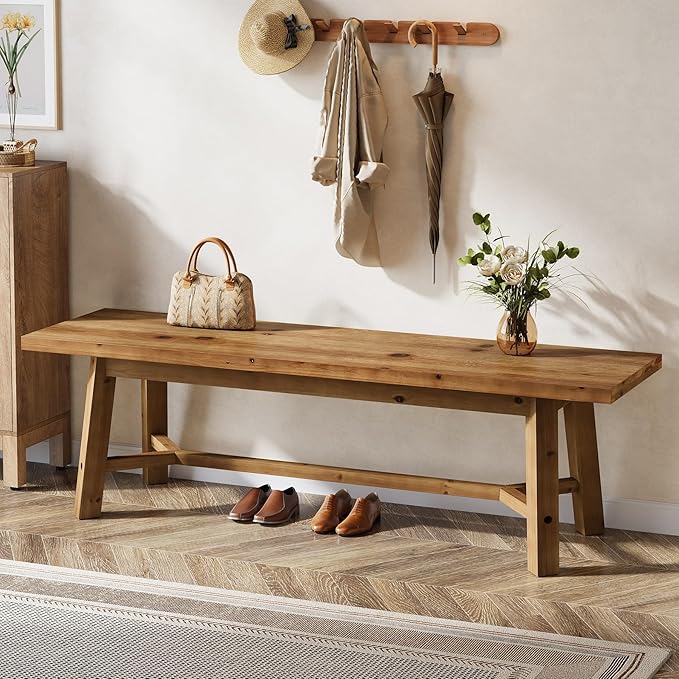 55" Solid Wood Bench, Farmhouse Long Bench Seat for Entryway, Dining Room, Living Room, Solid Wood, Rustic Brown