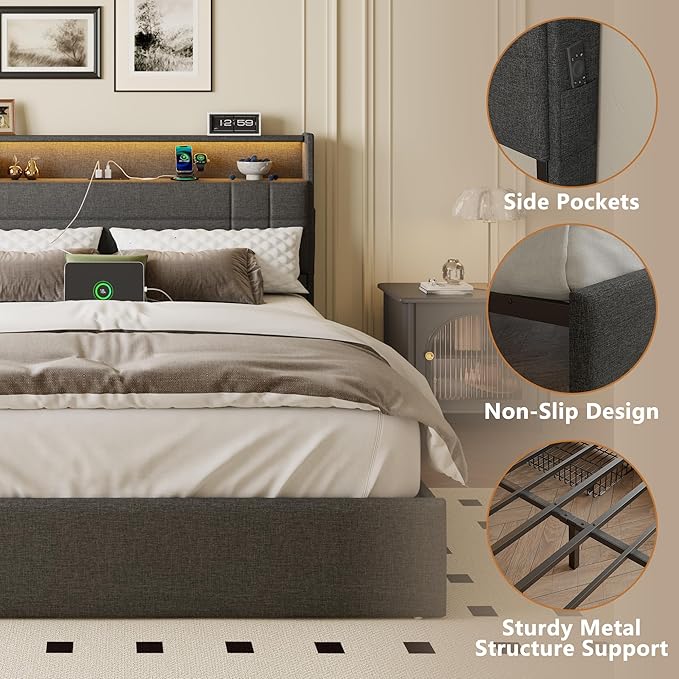 Forestell Full Size Bed Frame with 4 Drawers and Storage Headboard, Grey Upholstered Platform Bed Frame Full Size with Charging Station and LED Lights, Metal Slats Support, No Box Spring Needed