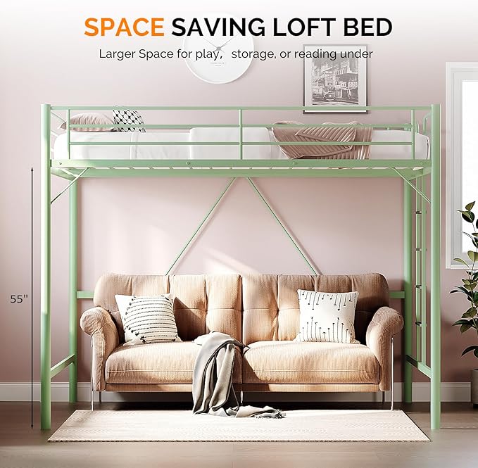 VINGLI Full Loft Bed with Flat Rungs for Adults, Kids and Young Teens, No Box Spring Required,Heavy Duty Metal Slat Support, Green