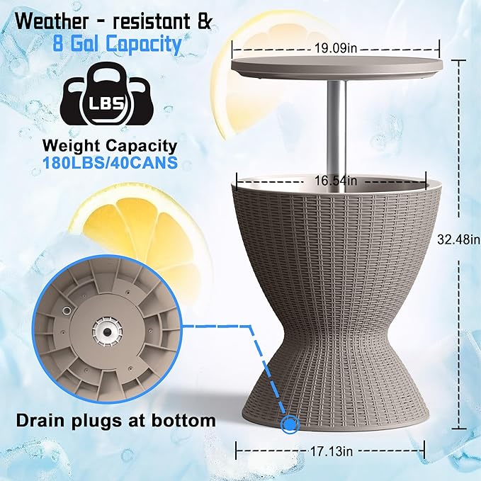 EasyUp Outdoor Cooler Bar Table – 8 Gallon Outdoor Patio Cooler Table with Drain Plug, Adjustable Height Rattan-Style Resin Cool Bar for Poolside, Deck, BBQ & Parties (Grey)
