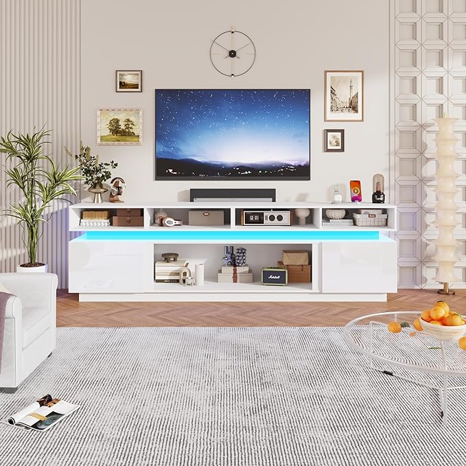 chartustriable LED TV Stand for 100 Inch TV, Modern Tall Entertainment Center with Power Outlets, High Gloss TV Stand, Gaming TV Media Console for Living Room, 93 Inch, White