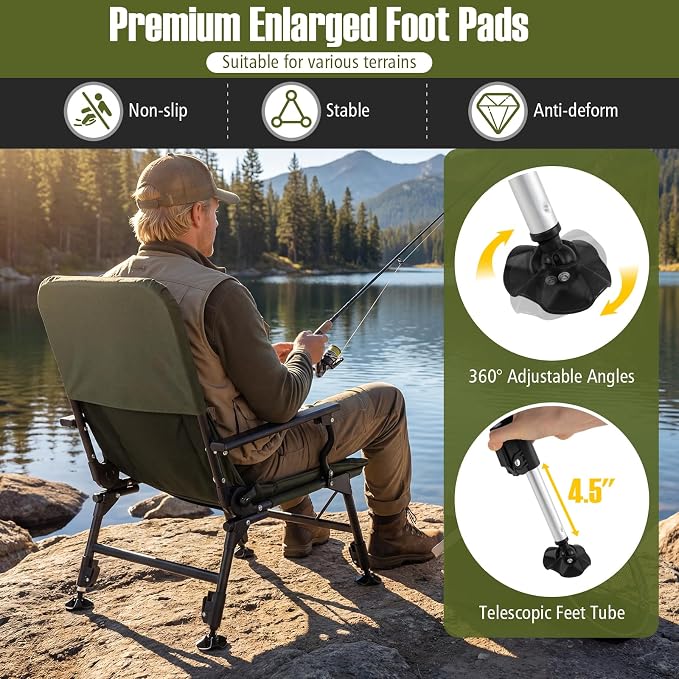 GYMAX Foldable Fishing Chair, Heavy Duty All-Terrain Camping Chair, Detachable Footrest, 180° Adjustable Padded High-Back, Portable Recliner for Outdoor (Detachable Footrest)
