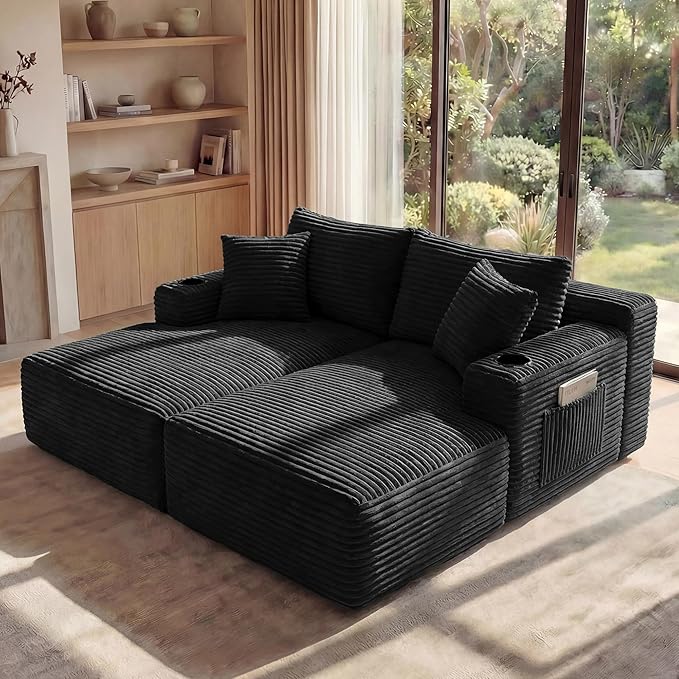 125 Inch Modular Sectional Sofa, Cloud Couch Oversized U Shaped Corduroy Sofa with Storage & Cupholders, Modern Deep Seat Boneless Couches for Living Room, No Assembly Required, Black