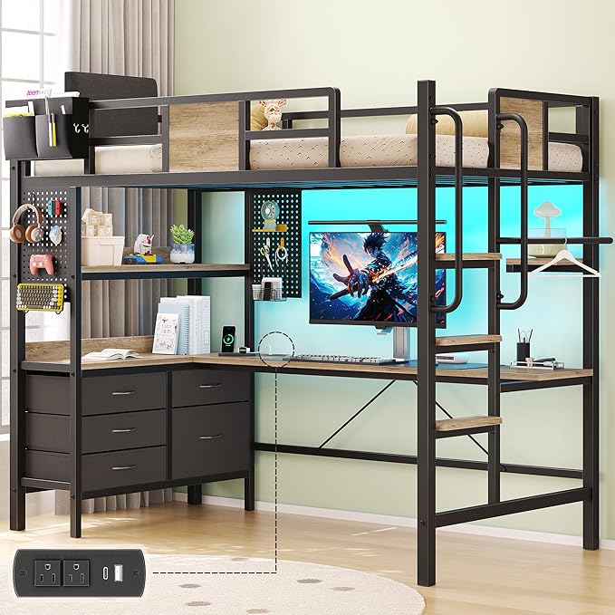 busyaeh Loft Bed Twin Size,Loft Bed with Desk & RGB LED Lights and Charging Station,Bunk Bed with Desk and 5 Storage Drawer Cabinets and 2 Open Shelves,Twin Loft Bed No Box Spring Needed,Oak Gray