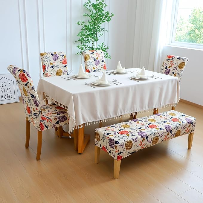 FORCHEER Dining Room Chair Covers Se of 4 and Bench Cover Waterproof Parson Chair and Bench Slipcovers Set Washable (Waterproof Printed-Flowers)