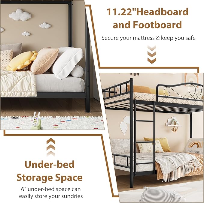 IDEALHOUSE Bunk Bed Twin Over Twin with Ladder & Full Safety Guardrail, Heavy Duty Metal Twin Over Twin Bunk Bed 400 Lbs Load Capacity, Space-Saving, Noise Free, No Box Spring Needed, Easy Assembly, B