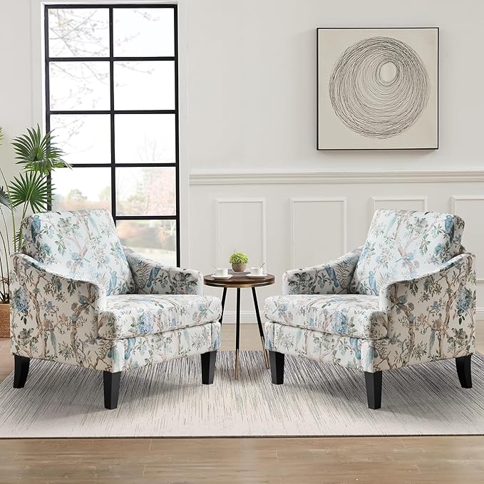 Bezseller Modern Accent Chairs Set of 2, Upholstered Reading Armchair with Wood Legs, Mid-Century Leisure Comfy Single Sofa Chair for Living Room, Bedroom, Home, Office, White Floral