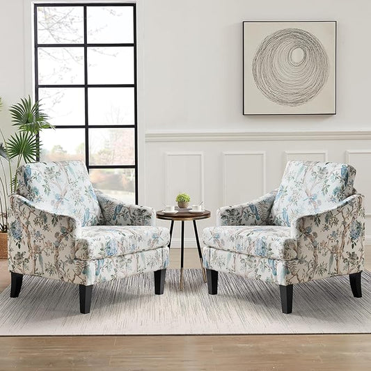 Bezseller Modern Accent Chairs Set of 2, Upholstered Reading Armchair with Wood Legs, Mid-Century Leisure Comfy Single Sofa Chair for Living Room, Bedroom, Home, Office, White Floral