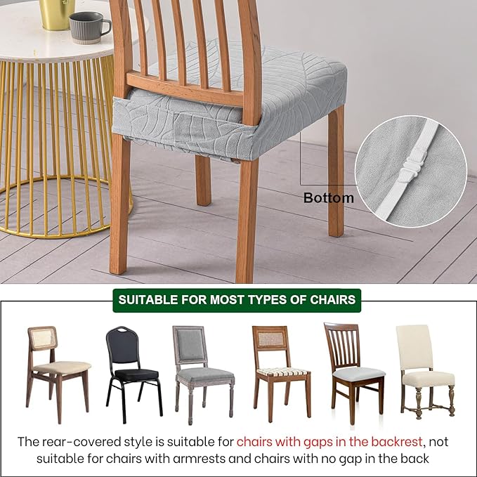 CRFATOP Waterproof Dining Room Chairs Seat Covers Set of 4 with Stretch Bench Slipcover Jacquard Kitchen Chair Slipcover Washable Seat Cushion Slipcover for Hotel Banquet Wedding Party, Light Grey