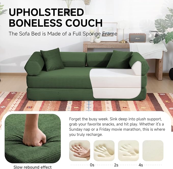 79" Boneless Couches for Living Room, Corduroy Sofa Bed with 2 Pillows,Side Pockets,Hex Arm, 5-in-1 Loveseat Sleeper Sofa for Small Spaces, High-Density Foam Couch, No Assembly, Olive Green