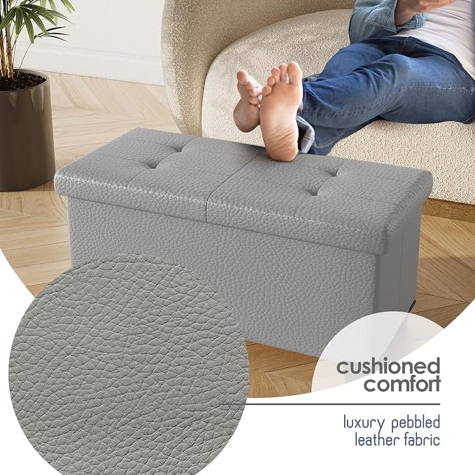 Storage Ottoman Bench with Bins, 30-in Storage Bench for Bedroom End of Bed, Folding Foot Rest Ottoman for Living Room Max 660lbs, Leather Ottomans, Light Grey