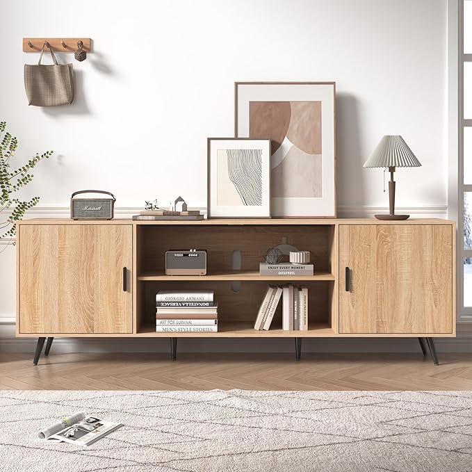 80 Inch Mid Century Modern TV Stand for 75 Inch TV, Wood TV Stand with Storage, Entertainment Center for Living Room Bedroom, TV Media Console, Oak