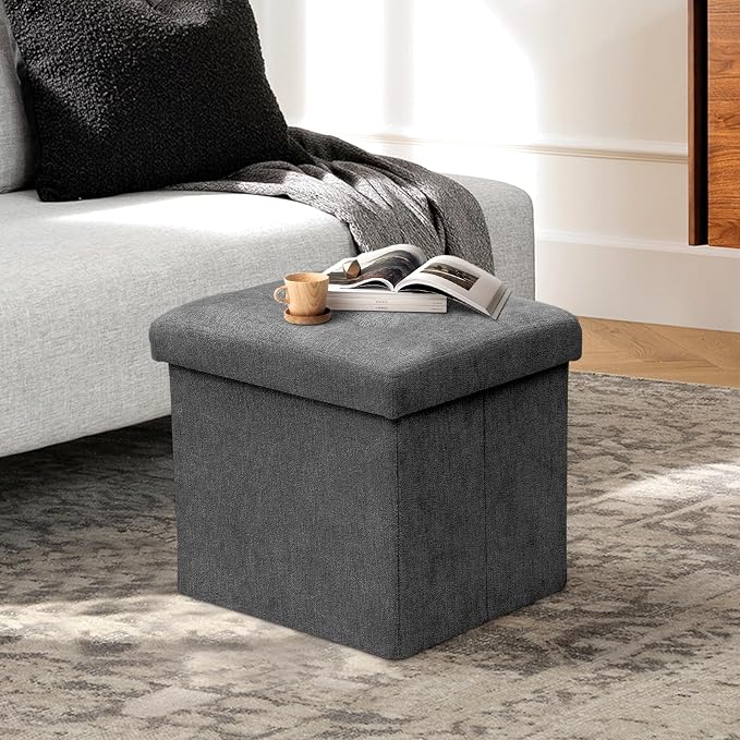 Athena Collection Line Square Ottoman with Storage, 15 Inch Small Storage Ottoman, Multipurpose Footstool Foot Rest for Living Room, Bedroom, Dorm, Dark Grey