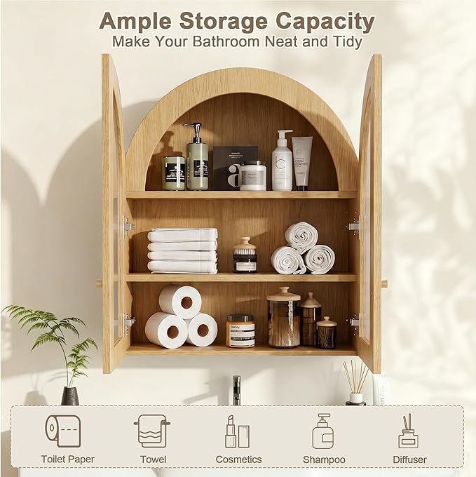 Arched Wall Cabinet, Bathroom Cabinet Wall Mount with Glass Doors & Adjustable Shelf, Floating Medicine Cabinet for Bathroom, Kitchen, Living Room Storage, Oak