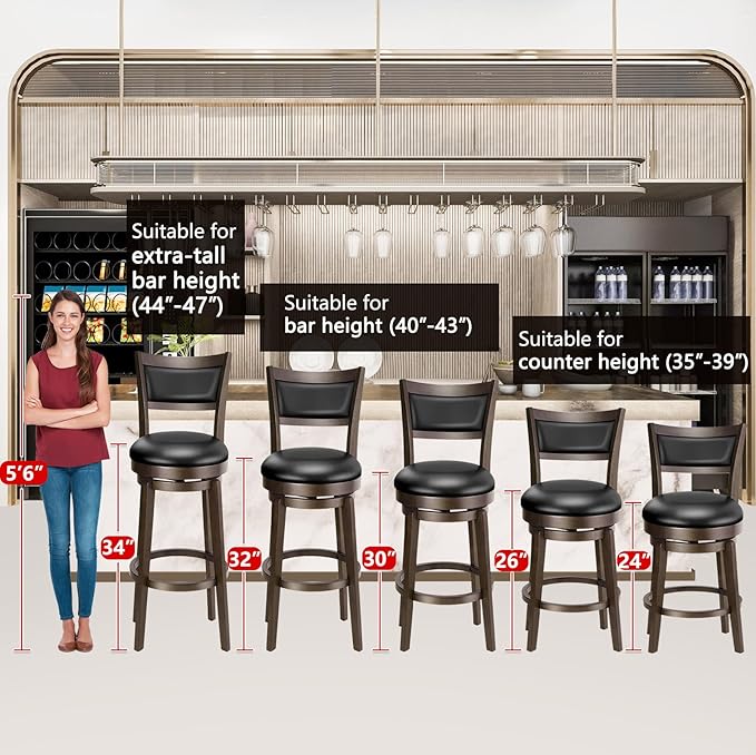 PrimeZone Swivel Bar Stools Set of 4, 34 Inch Extra Tall Bar Height Barstools, Black Faux Leather Bar Stool with High Backrest, Solid Wood Leg, Wrap-Around Footrest, Counter Stools for Pub