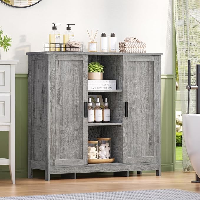Iwell Storage Cabinet with 2 Doors and 4 Adjustable Shelves, Buffet Cabinet with Storage, Floor Cabinet for Living Room, Entryway, Kitchen, Rustic Gray