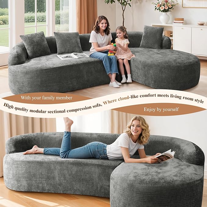 99" Curved Sectional Sofa with Chaise, Modern Boneless Couch with Deep Seat, L Shaped 3-Seater Cloud Couch for Living Room, No Assembly Needed, Chenille (Gray, Right Chaise+Left Sofa)