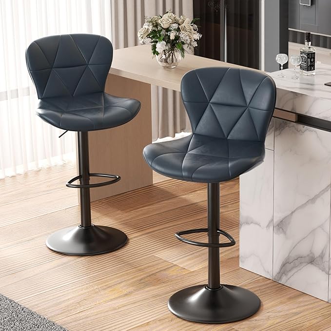 Nalupatio Modern Bar Stools Set of 2, Adjustable Faux Leather Upholstered Swivel Bar Stools, Counter Height Bar Chairs with Back for Kitchen Island, Dark Blue