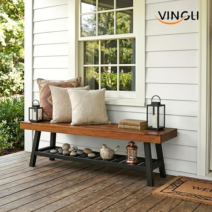 VINGLI 63in Storage Bench, Solid Wood Seat with Iron Storage Shelf, Weather Resistant High Capacity Indoor Outdoor Dining Benches, Sturdy Shoe Rack Bench for Entryway Mudroom Porch