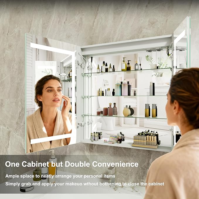 20x26 Bathroom Mirror LED Medicine Cabinet with Lighted 3 Colors, Recessed Surface Wall Mounted LED Medicine Cabinet, Anti-Fog Tempered LED Mirror with Storage, Stepless Dimming, 2 Outlets