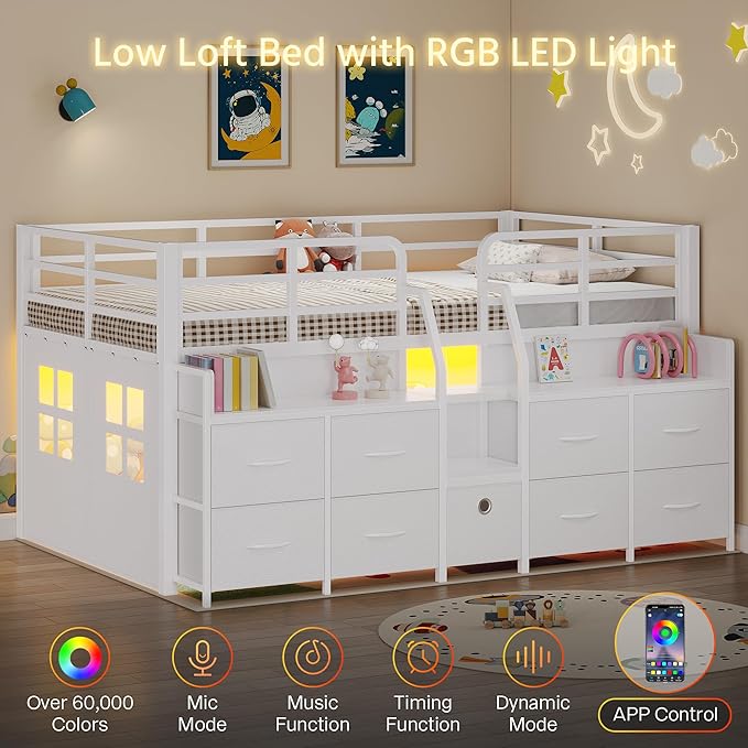 Dnxao Low Loft Bed Twin with 9 Drawers 2 Storage Bookcases,Twin Bed Frame for Kids with LED Lights and Charging Station,Twin Loft Bed with 15" H Safety Guardrail for Small Bedroom,White