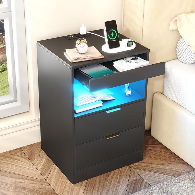 Gadroad Night Stand, LED Nightstand with Charging Station, Wood Bedside Table, End Table Sofa Couch Side Table with Pull-Out Shelf, Black