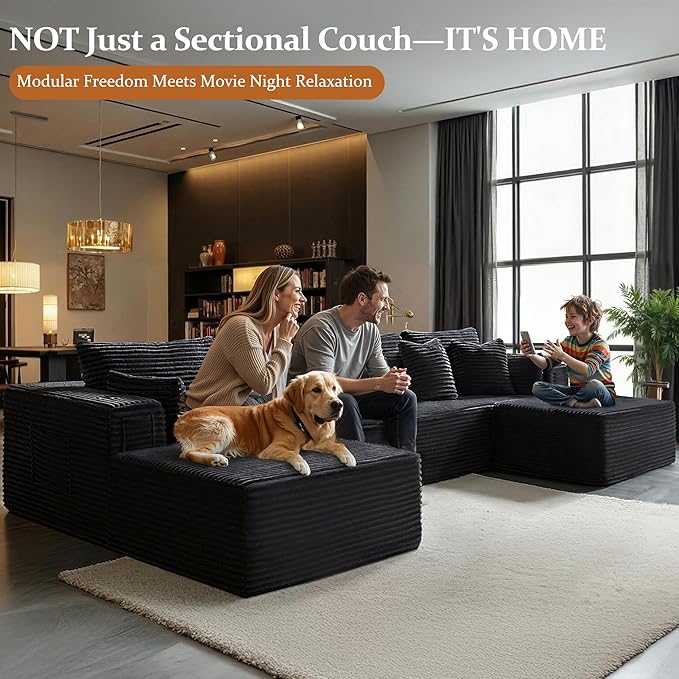 138" Cloud Sectional Couch, Comfort U Shaped Boneless Couch for Living Room, Extra Deep Seats No Assembly, Minimalist Modular Sofa, Corduroy (Black, 3 Seater+Left Facing Chaise+Ottoman)