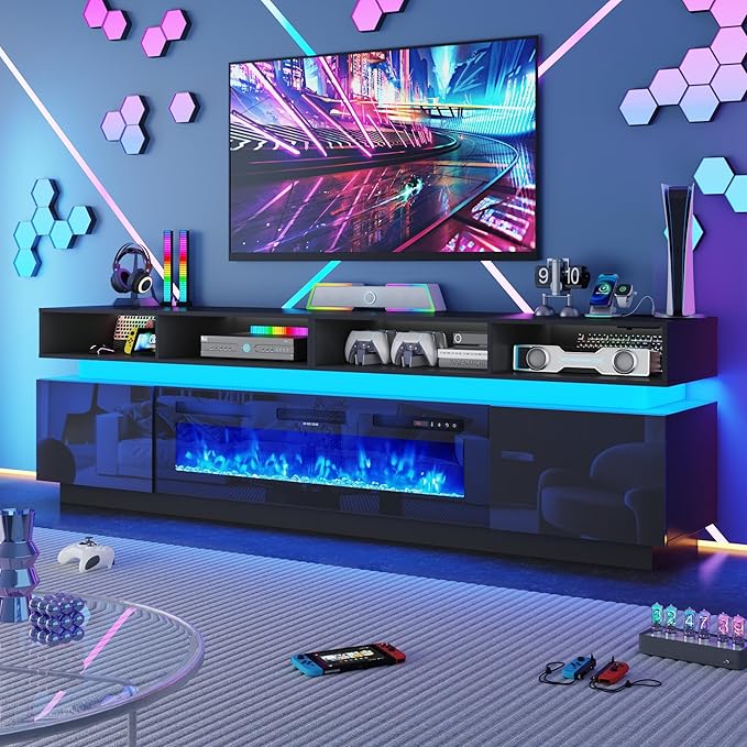 chartustriable Fireplace TV Stand for 100" TV, 93" LED Entertainment Center with 50" Fireplace & Power Outlets, High Gloss TV Stand, Gaming TV Media Console for Living Room, 93 Inch, Black