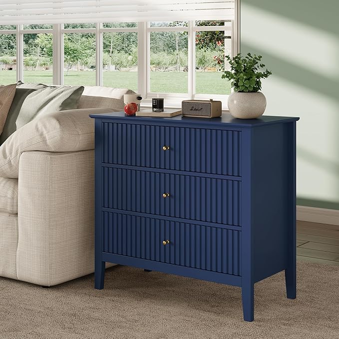 RoyalCraft 32" Large Nightstand, Fluted Painted Bedside Table with 3 Spacious Drawers, Modern Tall End Table for Bedroom, Blue