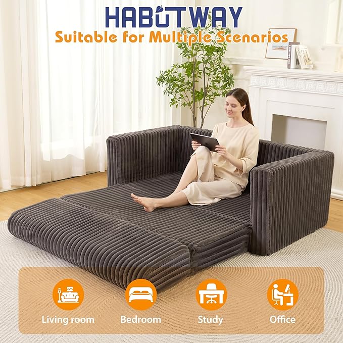HABUTWAY 49.8" Loveseat Boneless Couch, 4-in-1 Convertible Sofa Bed, Plush Fur Folding Futon Sofa Bed Couches Without Pillow for Living Room, High-Density Foam Support, No Assembly Required, Grey