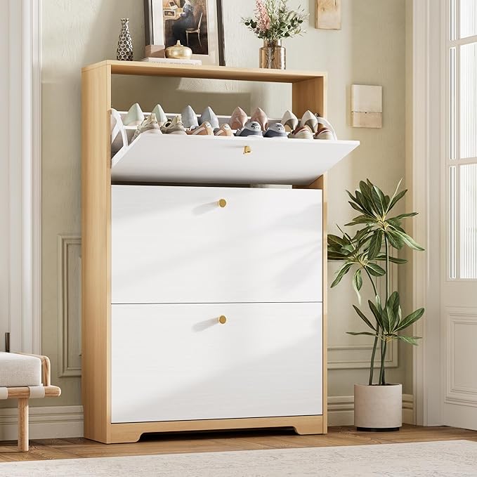 Nicetree Shoe Storage Cabinet for Entryway, Morden Shoe Cabinet, Freestanding Shoe Rack Cabinet, Hidden Shoe Dresser for Hallway,Foyer, Natural Oak and White