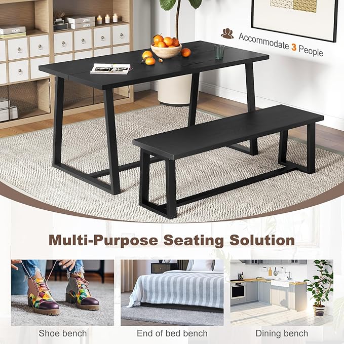 Giantex 56.5" L Wood Dining Bench, Industrial Table Bench w Metal Frame, Adjustable Footpads, 440LBS Load Capacity, Farmhouse Bench for Kitchen, Dining, Living Room, Entryway (Black, Rectangular)