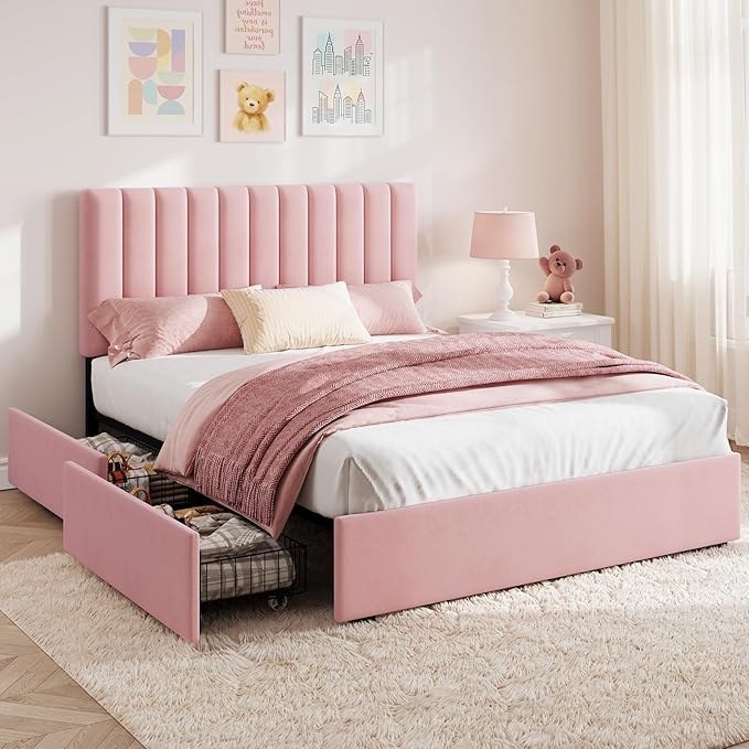 Welzona Queen Upholstered Bed Frame with 4 Storage Drawers, Velvet Upholstered Metal Platform Bed with Vertical Tufted Headboard, 3-Level Height, Metal Slat Support, Noise-Free Easy Assembly, Pink