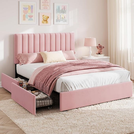 Welzona Queen Upholstered Bed Frame with 4 Storage Drawers, Velvet Upholstered Metal Platform Bed with Vertical Tufted Headboard, 3-Level Height, Metal Slat Support, Noise-Free Easy Assembly, Pink