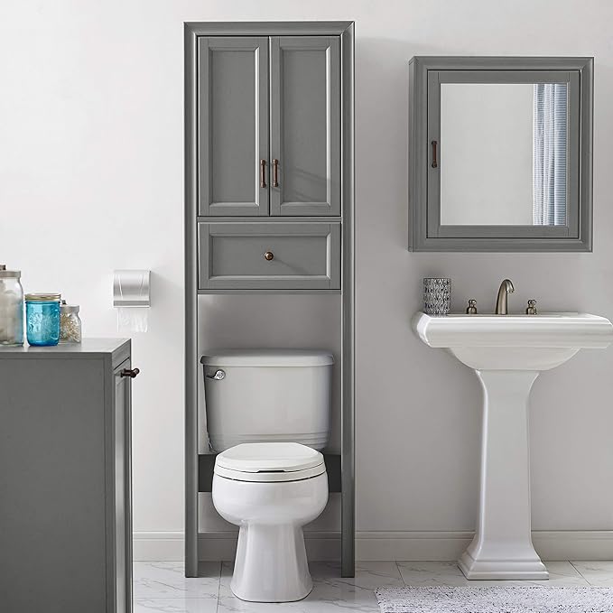 Crosley Furniture Tara Over The Toilet Storage Cabinet and Bathroom Organizer with a Drawer and Shelves, Vintage Gray