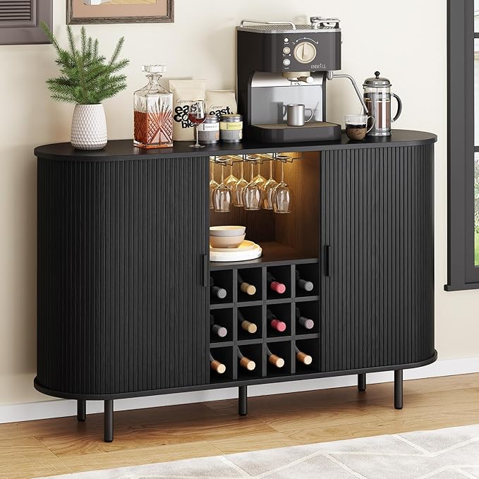 ONBRILL 55" Wine Bar Cabinet with LED Light,Modern Liquor Whiskey Coffee Station with Wine Rack and Glass Holder, Farmhouse Buffet Sideboard with Storage for Living Room, Kitchen, Entryway (Black)