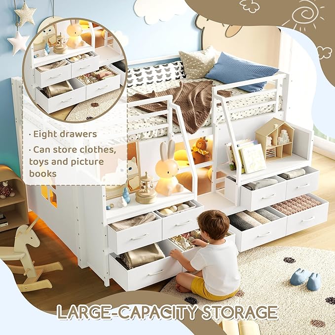 Bellemave Twin Size Loft Bed with 8 Non-Woven Fabric Storage Drawers and Bookshelf, Low Loft Bed with Lights and Private Play Curtain, Twin Loft Beds with High Rails, Noise Reduced White