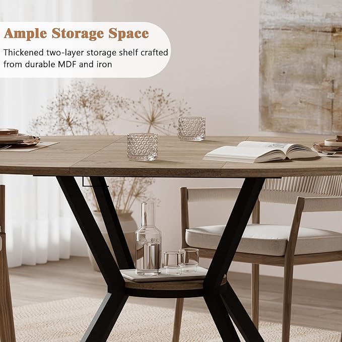 42"-58" Extendable Round Dining Table for 4-6, Kitchen Oval Table with Built-in Flip Leaf & Storage Shelf, Space Saving Modern Design with Sturdy Metal Legs for Kitchen, Living Room & Small Apartments