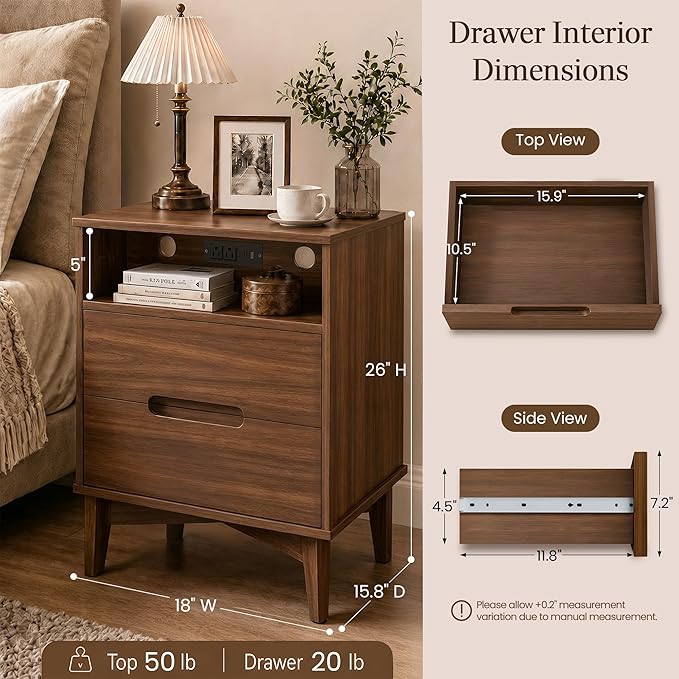 26" Tall Wood Nightstand with Charging Station & USB-C, Mid Century Modern Bedside Table with Solid Wood Legs, Walnut Finish with 2 Drawers