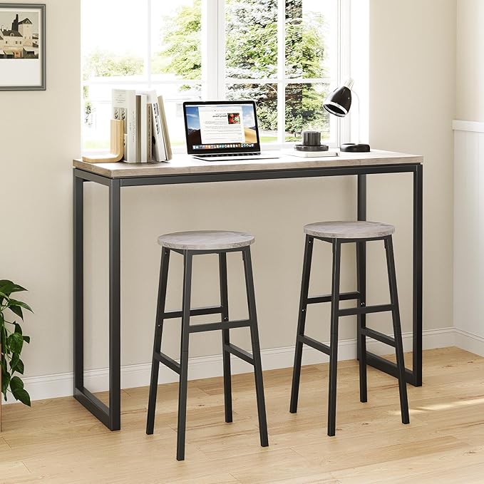 MAHANCRIS Bar Stools, Set of 2 Round Bar Chairs with Footrest, 28 Inch Kitchen Breakfast Bar Stools, Industrial Stools, Easy Assembly, for Dining Room, Kitchen, Greige BAHG02701 (Pack of 3)