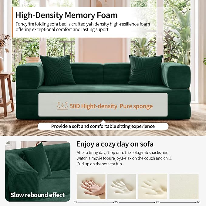 78.8" Convertible Sofa Bed with Armrest Pillow, 4-in-1 Sleeper Couch Bed for Livingroom, Modular Corduroy Boneless couches, No Assembly (Emerald Green)