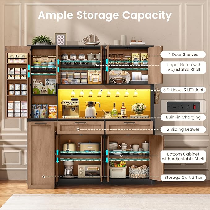 Itaar 71" Kitchen Pantry Cabinet with Charging Station and Led Light, Kitchen Storage Cabinets with Microwave Stand, 59" Wide Pantry Storage Cabinet with Storage Cart 3 Tier for Dining Room, Brown