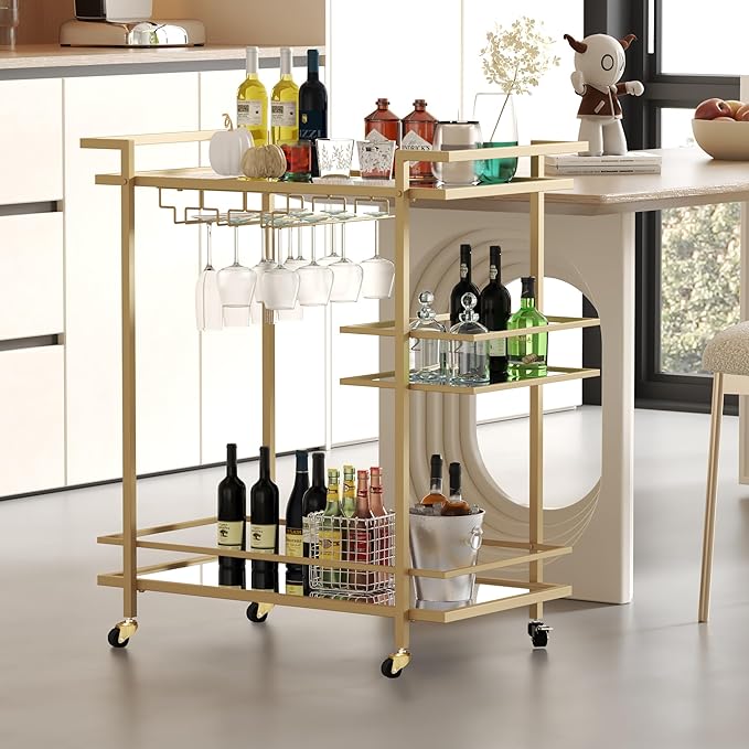 Gold Home Bar Cart, 2-Tier Glass Shelves Rolling Wine Cart with Wheels and Wine Holders, Modern Mobile Serving Trolley for Living Room Dining Room
